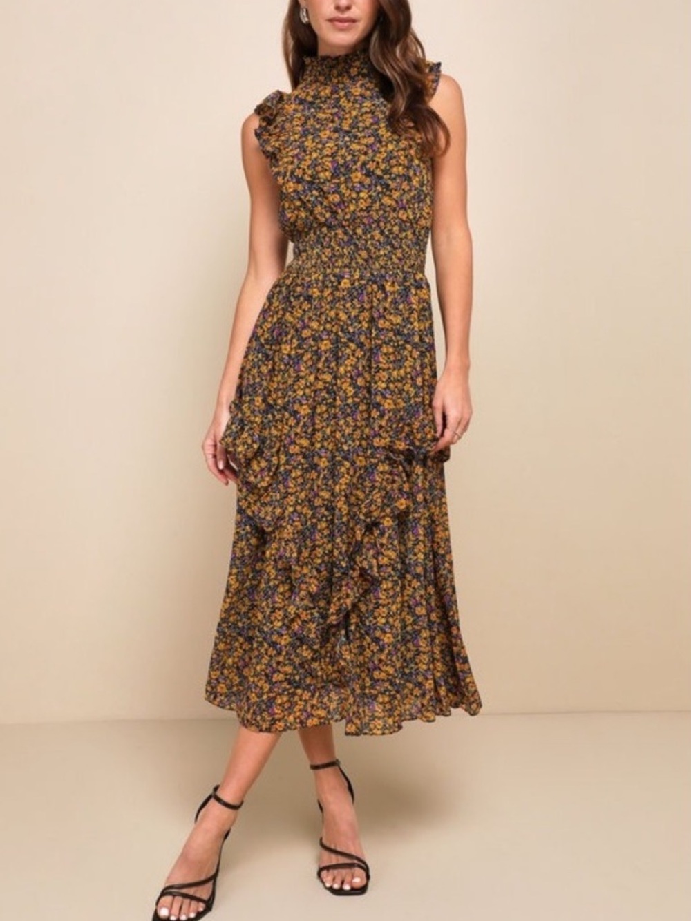 Lulu's Mustard Floral High-Neck Ruffle Midi Dress with Navy Accents